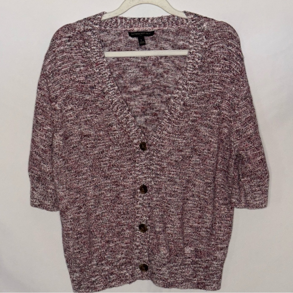 Banana Republic Marled V-Neck Short-Sleeve Cardigan Sweater Size Large EUC